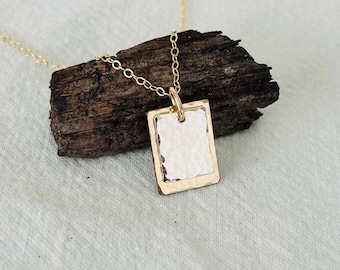 Mixed Metal Necklace Pendant Mixed Metal Jewelry Gold and Silver Hammered Necklace Sterling Silver & 14K Gold Filled Rectangle Pendant