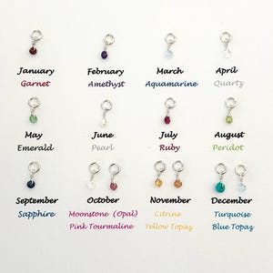 May include: A chart showing the birthstones for each month of the year. The chart is divided into twelve sections, one for each month. Each section shows a small silver charm with a gemstone attached. The gemstones are arranged in a row, starting with January and ending with December. The gemstones are: Garnet, Amethyst, Aquamarine, Quartz, Emerald, Pearl, Ruby, Peridot, Sapphire, Moonstone (Opal), Citrine, and Turquoise.
