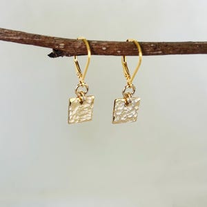 Gold Square Earrings Small Gold Hammered Earrings 14K Gold Filled Lightweight Dangle Earrings,  Gold Minimalist Everyday Jewelry leverback