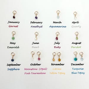May include: A chart of birthstones for each month of the year. The chart shows a small gold charm with a gemstone for each month. The gemstones are: Garnet, Amethyst, Aquamarine, Quartz, Emerald, Pearl, Ruby, Peridot, Sapphire, Moonstone (Opal), Citrine, Turquoise, and Blue Topaz.