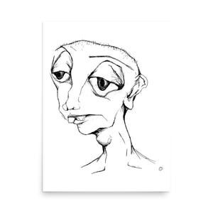 May include: Black and white line drawing of a person's face with a sad expression. The person has large eyes, a small mouth, and a prominent nose.