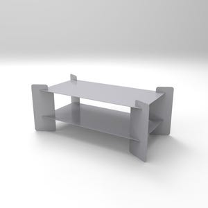 May include: A minimalist, light gray, two-tiered table with a rectangular top and a lower shelf. The table has a simple, modern design with vertical supports at each corner. The overall dimensions appear to be approximately 48 inches long.