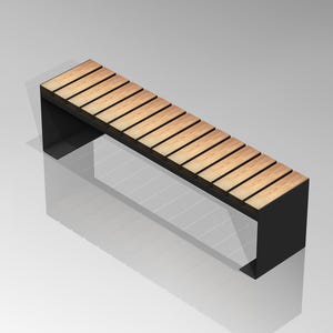 May include: A black metal bench with a wooden slat top. The bench is angled and the wooden slats are visible.