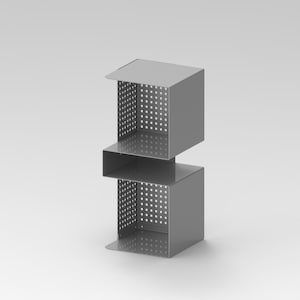 May include: A gray metal shelf unit with a unique design. The unit has two shelves, one at the top with a small overhang and one in the middle. The sides of the unit are perforated with small square holes.