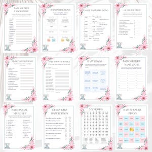 Floral Baby Shower Games Bundle, Games bundle templates, Colorful Baby Shower games cards, Wildflower Baby shower games bundle