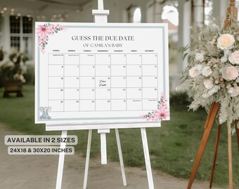 Puede incluir: Calendario de fecha de vencimiento imprimible con un diseño floral y una ilustración de elefante. El calendario está en un caballete y tiene el texto "Adivina la fecha de vencimiento del bebé de Camila" en la parte superior. El calendario está disponible en dos tamaños: 24x18 y 30x20 pulgadas.