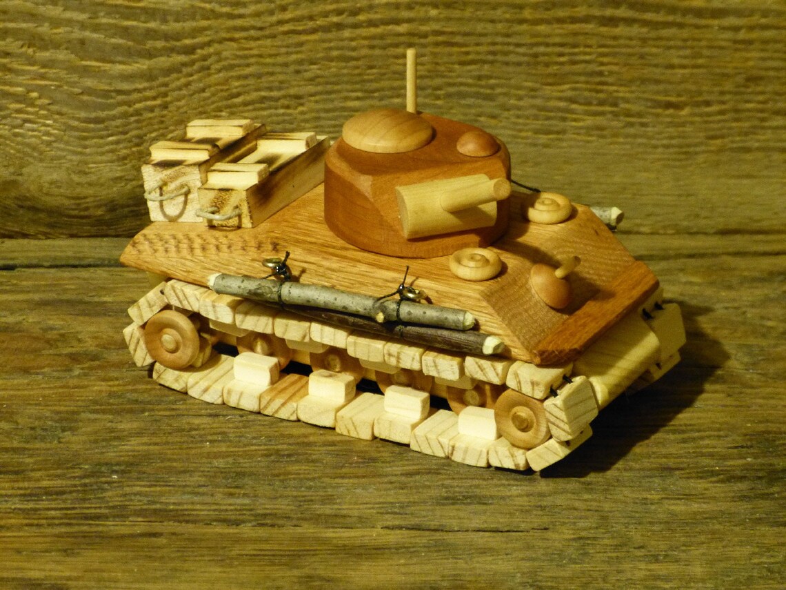 Sherman Tank with working tracks wooden toy desktop handmade Etsy