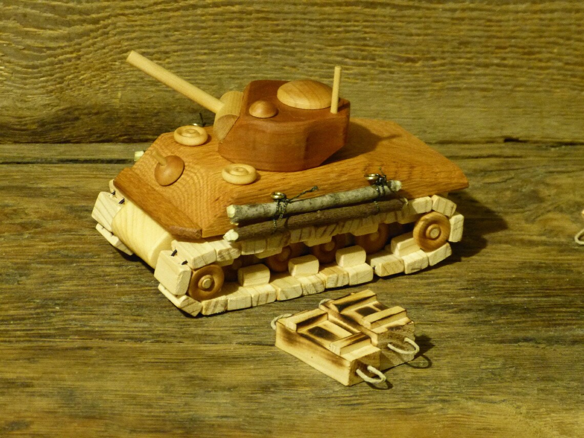 Sherman Tank with working tracks wooden toy desktop handmade Etsy