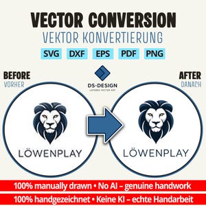 Peut inclure: Illustration de conversion vectorielle avec un logo de lion avant et après. Le texte comprend "VECTOR CONVERSION" et les formats de fichiers SVG, DXF, EPS, PDF, PNG. Il est indiqué "100% dessiné à la main - Pas d'IA - travail manuel authentique."