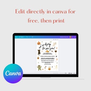 May include: A laptop screen displays a Halloween party invitation with a pumpkin, cat, ghost, and other spooky graphics. The invitation text reads "We're dying to see you!" and includes event details. The Canva logo is visible.