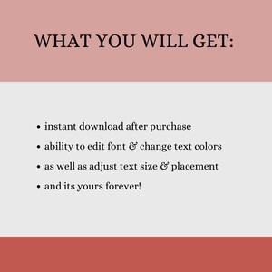 K&ouml;nnte beinhalten: Text auf rosa Hintergrund, der "WHAT YOU WILL GET:" lautet, gefolgt von einer Liste mit vier Aufz&auml;hlungspunkten: "Sofortiger Download nach dem Kauf", "M&ouml;glichkeit, Schriftart zu bearbeiten und Textfarben zu &auml;ndern", "sowie Textgr&ouml;&szlig;e und -platzierung anzupassen", und "und es geh&ouml;rt dir f&uuml;r immer!"