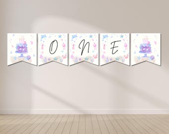 Sotto il mare ONE Banner per seggiolone Decorazioni per la festa del primo compleanno di una bambina con animali dell'oceano, colori pastello, festa del primo compleanno di una bambina con animali marini pastello