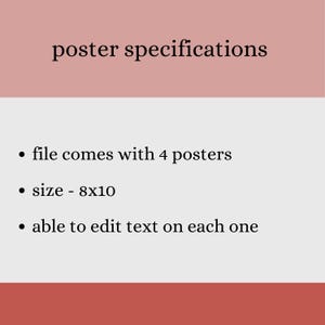 K&ouml;nnte beinhalten: Text auf rosa Hintergrund, der "poster specifications" lautet. Unter dem Text stehen drei Aufz&auml;hlungszeichen: "file comes with 4 posters", "size - 8x10" und "able to edit text on each one".
