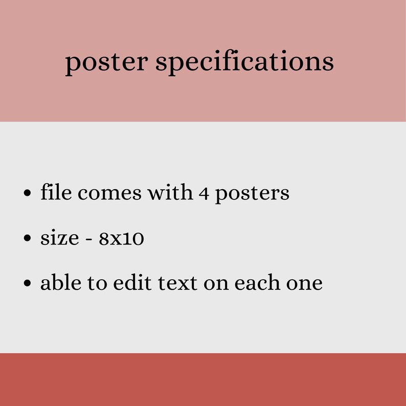 K&ouml;nnte beinhalten: Text auf rosa Hintergrund, der "poster specifications" lautet. Unter dem Text stehen drei Aufz&auml;hlungszeichen: "file comes with 4 posters", "size - 8x10" und "able to edit text on each one".