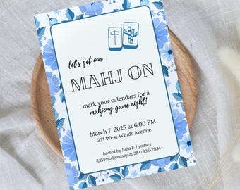 Mahjong Party Invitation Lets Get Our Mahj On Editable Invitation Blue Floral Pattern Mahjong Theme Night Dot Bam Crack Digital Download