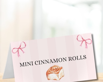 Etichette per alimenti per baby shower, Fiocchi e brunch, Tende per alimenti per feste a tema baby shower, Carte per buffet piegate, Carte per alimenti piatte, Stampa, modifica, download