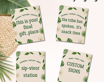May include: Four party signs with green text and botanical illustrations. The signs read: "this is your final gift..place", "the tribe has spoken.. it's snack time", "sip-vivor station", and "CUSTOM SIGNS".