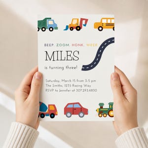 Invitación de tercer cumpleaños con temática de transporte, editable, cumpleaños de coche, cumpleaños de niño pequeño, bocina, pitido, zoom, choo, invitación a fiesta de cumpleaños de vehículos