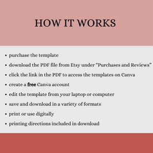 K&ouml;nnte beinhalten: Ein rosa Hintergrund mit schwarzem Text, der erkl&auml;rt, wie man eine digitale Vorlage verwendet. Der Text lautet: "HOW IT WORKS"  "Vorlage kaufen" "PDF-Datei von Etsy unter "K&auml;ufe und Bewertungen" herunterladen" "Klicken Sie auf den Link im PDF, um auf die Vorlagen auf Canva zuzugreifen" "Erstellen Sie ein kostenloses Canva-Konto" "Bearbeiten Sie die Vorlage von Ihrem Laptop oder Computer aus" "Speichern und herunterladen in einer Vielzahl von Formaten" "Drucken oder digital verwenden" "Druckanweisungen im Download enthalten"