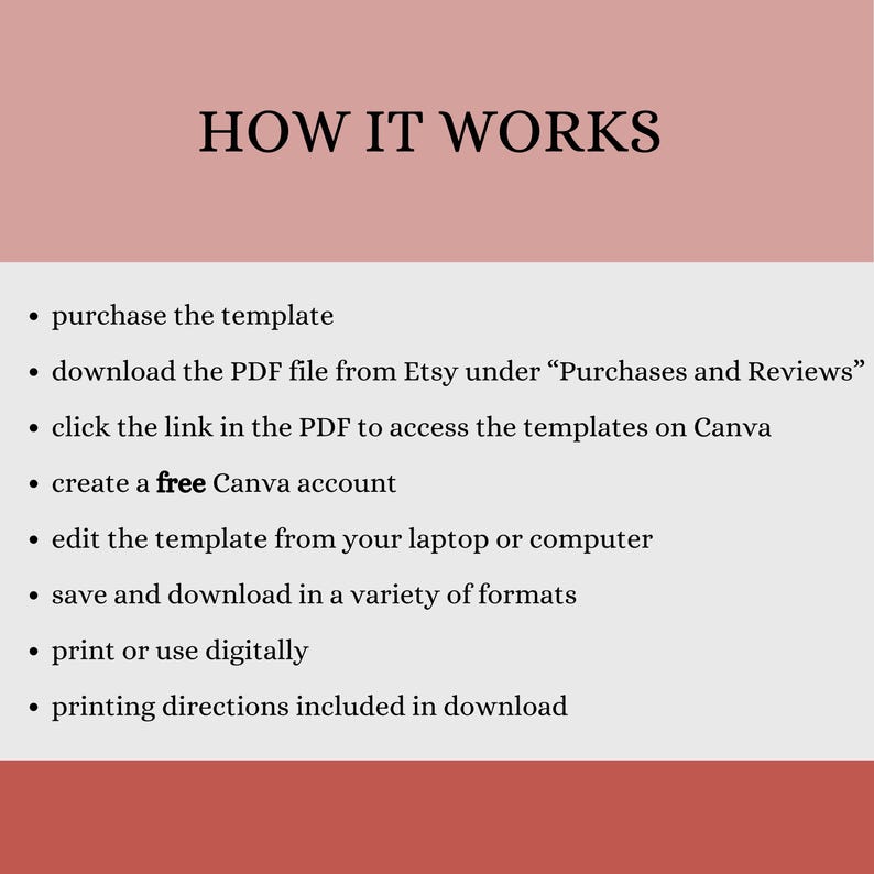 K&ouml;nnte beinhalten: Ein rosa Hintergrund mit schwarzem Text, der erkl&auml;rt, wie man eine digitale Vorlage verwendet. Der Text lautet: "HOW IT WORKS"  "Vorlage kaufen" "PDF-Datei von Etsy unter "K&auml;ufe und Bewertungen" herunterladen" "Klicken Sie auf den Link im PDF, um auf die Vorlagen auf Canva zuzugreifen" "Erstellen Sie ein kostenloses Canva-Konto" "Bearbeiten Sie die Vorlage von Ihrem Laptop oder Computer aus" "Speichern und herunterladen in einer Vielzahl von Formaten" "Drucken oder digital verwenden" "Druckanweisungen im Download enthalten"