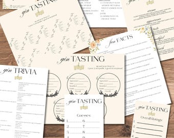 Könnte beinhalten: Eine Sammlung cremefarbener Gin-Tasting-Party-Materialien mit floralen Akzenten. Das Set beinhaltet einen Sitzplan, Quizfragen, Verkostungsnotizen, interessante Fakten und ein Ratespiel. Der Text "gin tasting" ist deutlich sichtbar.