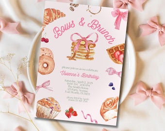 Invitación para fiesta de cumpleaños con lazos y brunch. Fiesta de cumpleaños de niña. Brunch de cumpleaños. Invitación para fiesta de cumpleaños con lazo rosa. Celebración de cumpleaños para cualquier edad.