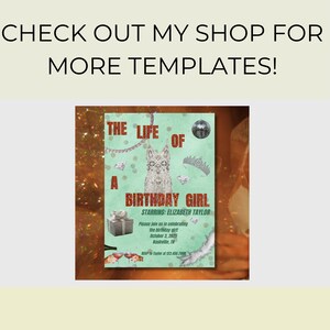 May include: A birthday party invitation with the text "THE LIFE OF A BIRTHDAY GIRL" and "STARRING: ELIZABETH TAYLOR". The invitation is light green with silver accents, a gift box, and champagne glasses.