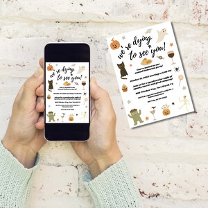 May include: A smartphone displays a Halloween party invitation with the text "we're dying to see you!" The invitation features illustrations of a black cat, pumpkin, ghost, and other spooky elements. A printed invitation with the same design is also visible.
