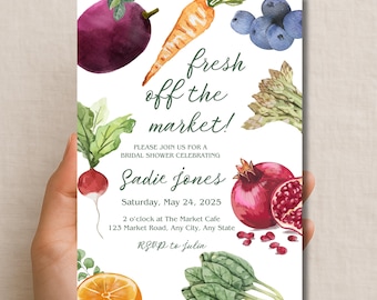 Frisch aus dem Markt Brautdusche Einladung Markt Thema Brautdusche Vorlage Bearbeitbar Hochzeitsdusche laden Sie ist aus dem Markt Braut
