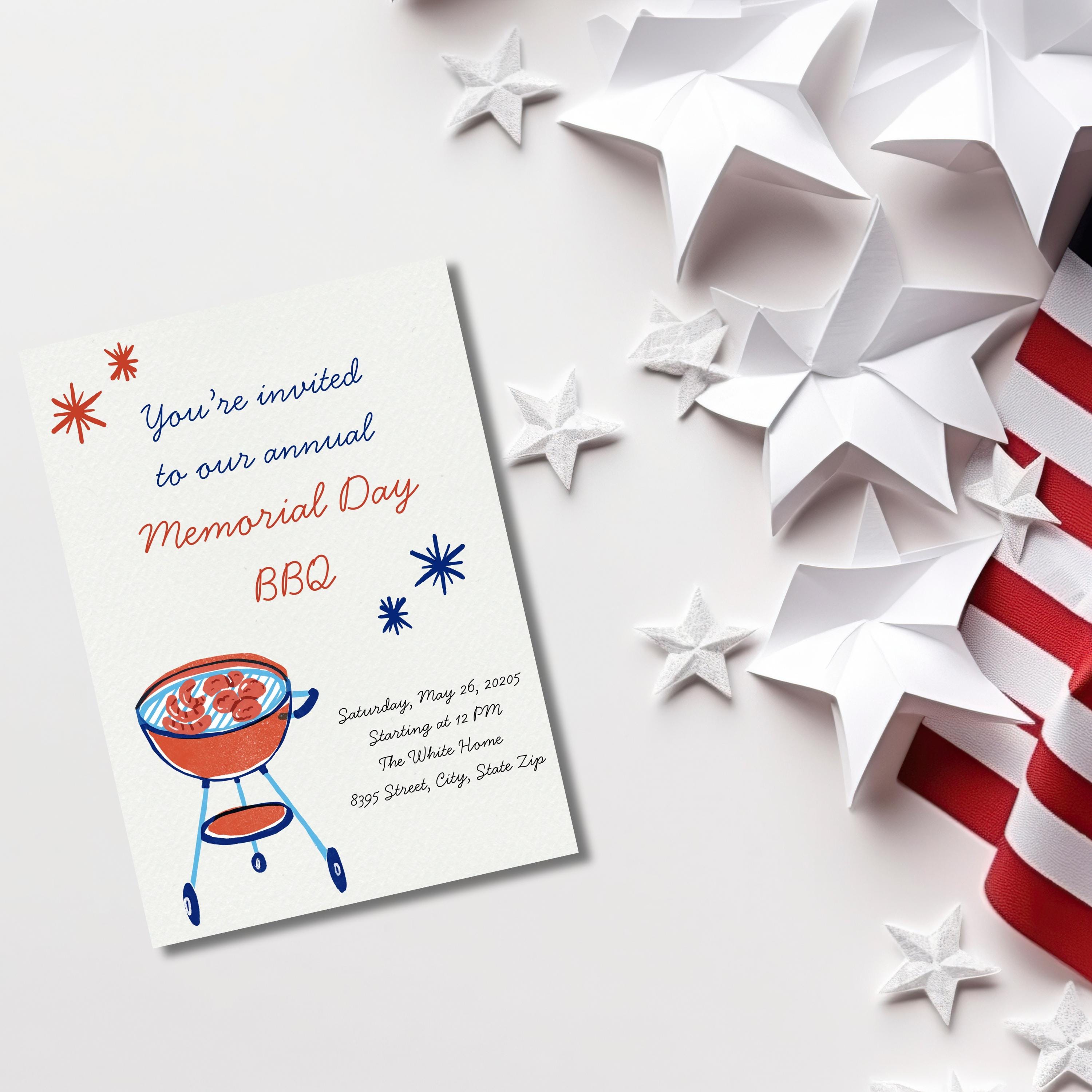 Memorial Day BBQ Invitation MDW Invite Celebration Summer Party Cookout ...