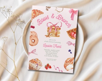 Invitación para baby shower con lazos y brunch Baby Shower de niña Invitación para baby shower con lazo rosa Invitaciones para baby shower con lazos y brunch
