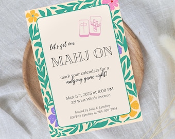 Uitnodiging Mahjong-feestje Lets Get Our Mahj On bewerkbare uitnodiging groen bloemmotief Mahjong thema nacht Dot Bam Crack digitale download