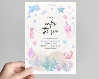 Under the Sea Girl Birthday Invitation Girl Birthday Editable Template Ocean Animal Themed Birthday Invite Sea Animals Pastel Colors Invite