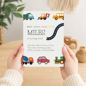 Transportation Themed Second Birthday Invitation Editable Car Birthday Toddler Boy Download Honk Beep Zoom Choo Vehicles Theme Birthday Boy
