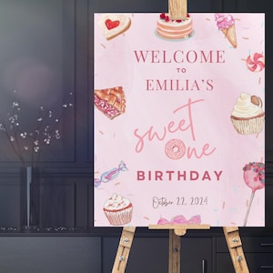 Modèle personnalisé modifiable de plaque de bienvenue pour le premier anniversaire de Sweet One Plaque de décoration de premier anniversaire imprimable Sweet One, signalétique