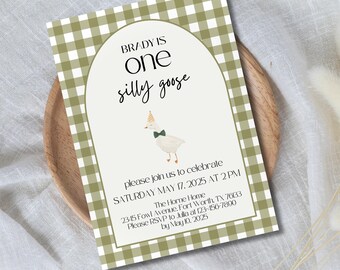 One Silly Goose Birthday Invitation Theme Template First Birthday Green Gingham Boy Birthday Printable Digital Invite Personalized Birthday