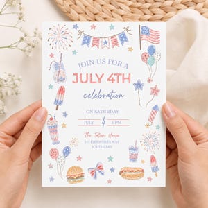 May include: A white invitation card with red, white, and blue illustrations including fireworks, a flag, balloons, a popsicle, a burger, and a hot dog. The text reads: JOIN US FOR A JULY 4TH celebration ON SATURDAY JULY 4 1 PM The Tatum House 123 FIREWORKS WAY SOUTHLAKE.