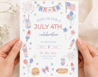 Fourth of July Holiday Invitation Template Patriotic Pool Party Invite July 4th BBQ Cookout Editable Summer Party Invitation