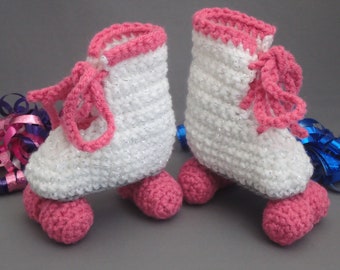 Crocheted Newborn Roller Skate Booties, White and Raspberry, Photo Prop