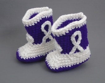Crocheted Baby Cowboy Booties: Purple & White, 0-3 Month