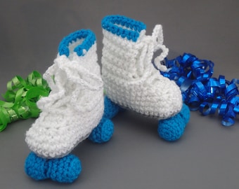 Crochet Baby Roller Skate Booties, White and Blue, Newborn Photo Prop