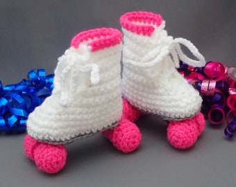 White and Bold Pink Newborn Baby Roller Derby Skate Booties, Soft Baby Shoes, Roller Skates, Baby Girl Shoes, Infant Skates, Free Shipping