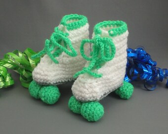 Crochet Roller Skate Booties, White and Green Baby Shoes, Derby Style
