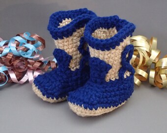 Crochet Baby Cowboy Booties: Midnight Blue and Tan, 0-3 Month