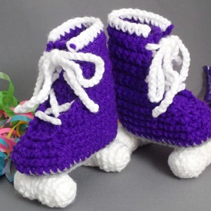 Purple and White Newborn Roller Derby Baby Skates, Baby Roller Skate Booties, Crochet Baby Shoes, Crochet Sports Booties, Free Shipping