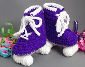 Crochet Baby Roller Skate Booties: Purple & White Newborn Gift