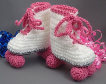 Crochet Roller Skate Booties: Raspberry Pink & White Newborn Photo Prop