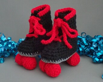 Black Baby Roller Derby Skate Booties with Cherry Red Wheels, 3.75" Sole, Infant Sportwear, Baby Shoes, Soft Shoes, Free Shipping
