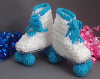 Hand Crocheted Roller Skate Booties, White and Turquoise, Newborn Baby Gift