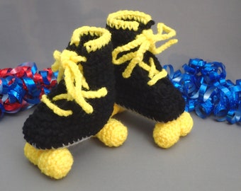 Black and Bright Yellow Newborn Baby Roller Derby Skate Booties, Handmade Crochet, Infant Sportwear, Black Shoes, Sports, Free Shipping